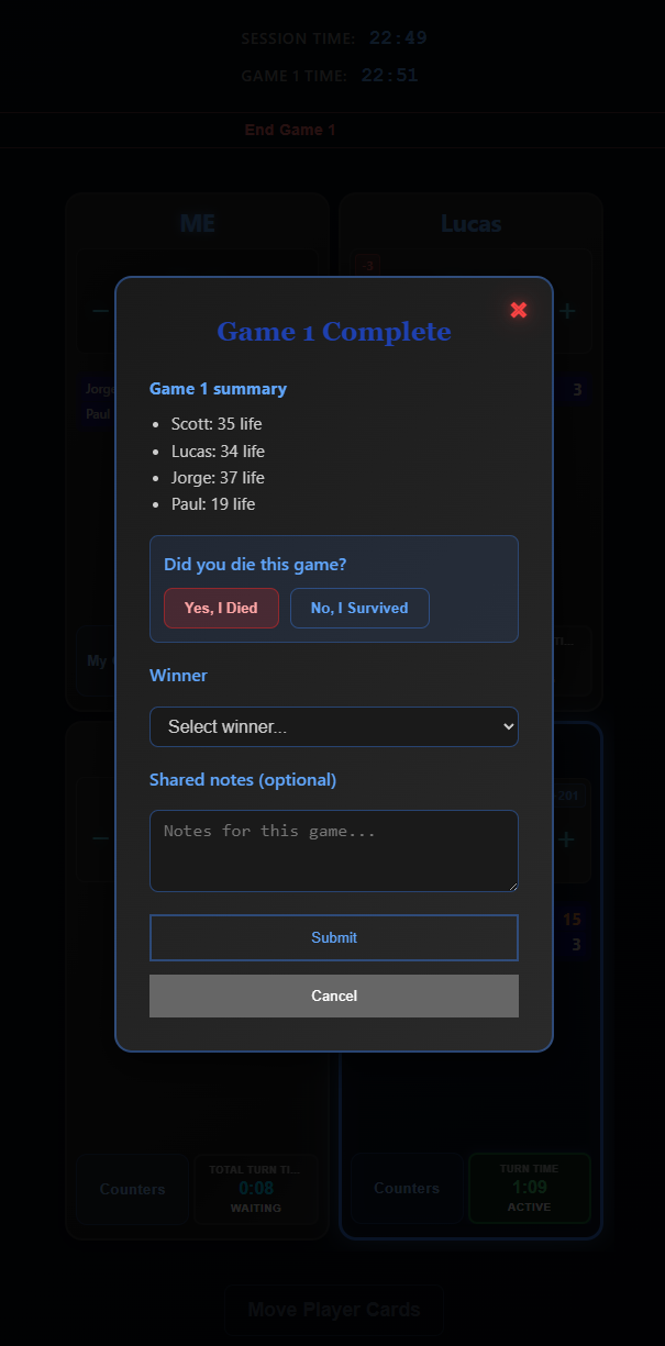 End game screen with winner, death, and optional notes